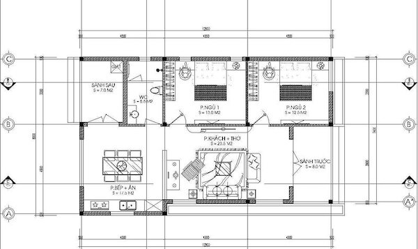 Bản vẽ bố trí mặt bằng công năng nhà cấp 4 2 phòng ngủ khoa học