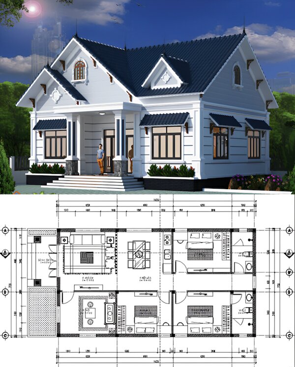 Mẫu nhà cấp 4 3 phòng ngủ mái Thái